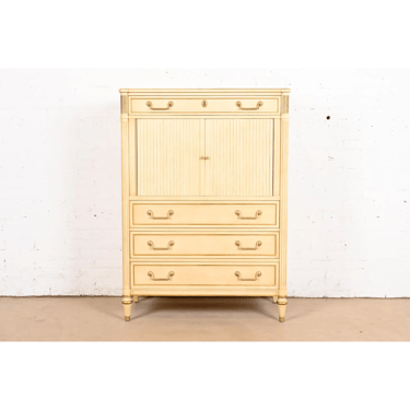 Kindel Furniture French Regency Louis XVI Cream Lacquered Parcel Gilt Tambour Door Gentleman’s Chest, Circa 1960s