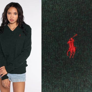 Ralph Lauren Sweater 90s WOOL Sweater Dark Green Sweater Polo Sport Knit Slouchy Preppy Pullover Jumper Vintage Men's Medium 