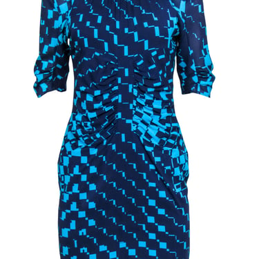 Whistles - Blue Geometric Printed Gathered Silk Dress Sz 8