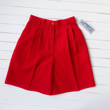 high waisted shorts | 80s 90s vintage red linen style pleated trouser shorts 