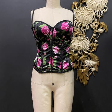 1990s bustier, black floral, vintage corset, rose print, push up, boned, size 38 c, vintage lingerie, boudoir, burlesque, sexy, pink flowers 
