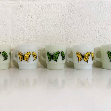 Vintage Butterfly Anchor Hocking Mug Fire King Restaurant Ware Coffee Tea Monarch USA Green Yellow Set of 5 1960s 