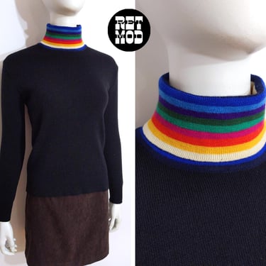 Fun Vintage 70s 80s Rainbow Collared Turtleneck Sweater Top 