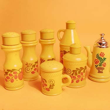 70s Avon Retro Yellow Collectable Teacup Powder Bottle Vintage Floral 7 Piece Set Bottles 