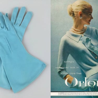 It Amused Her Greatly - Vintage 1940s 1950s Aqua Turquoise Blue Van Raalte Nylon Over Wrist Gloves - 7 1/2 