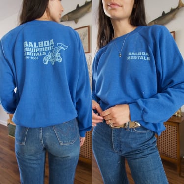 Vintage 80's Hanes Balboa Equipment Rentals Tractor Graphic Fleece Blue Pullover Sweatshirt 
