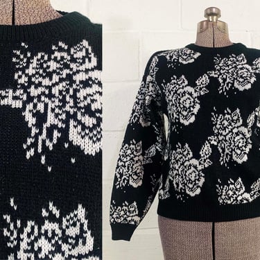 Vintage Black and White Rose Sweater Floral Pattern Rainbow Ridge Long Sleeve Pullover Jumper 1980s 1990s Small Medium 