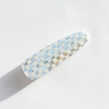 Handmade Alligator Clips | Blue Checkerboard Polymer Clay Resin Non Slip Stainless Steel Clip Faux Stone Hair Accessories Approx 2.5