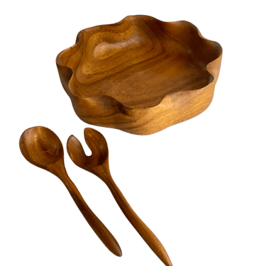 Wood Flower Salad Bowl With Tongs