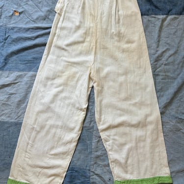 Antique 1920s White Cotton Lounge Pants with Green Hem XS 24 Damaged by TimeBa