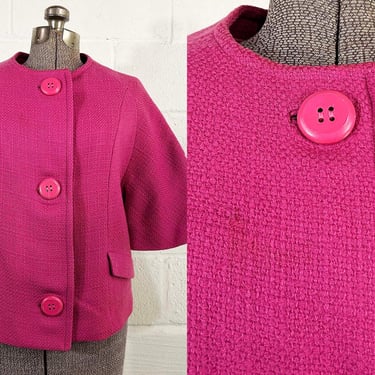 Vintage 1960s Cropped Jacket Braetan Juniors Barbie Pink Wool Blend Blazer Boxy Short Sleeve Coat Large Buttons Suit 60s Union Medium 