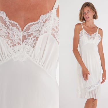 White Slip Dress 70s Lingerie Nightgown Lace Trim Midi Nightie Nylon Ruffled Empire Waist Pleated Knee Length Vintage 1970s Small 36 Tall 