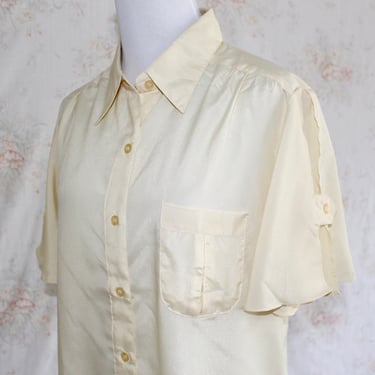 Vintage 80s Minimalist Blouse, Basic Button Up, Silk Shirt, Satin Blouse, Collared 