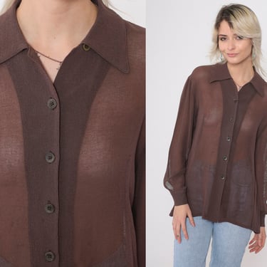 Sheer Brown Blouse 90s Button Up Top Preppy Collared Shirt Plain See Through Minimalist Long Sleeve Vintage 1990s Medium 