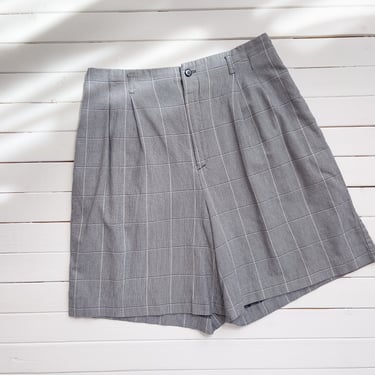 high waisted shorts | 90s vintage black white checkered plaid pleated cotton shorts 
