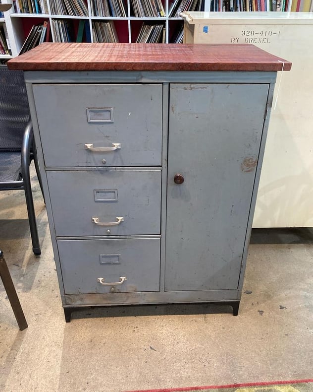 Sweet industrial cabinet with a reclaimed wood top 35.25” x 19” x 45.5” Call 202-232-8171 to purchase 
