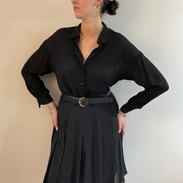 90s silk matching set / vintage black sheer silk georgette blouse + pleated mini skirt polkadot 2 piece matching skirt suit set | Medium 