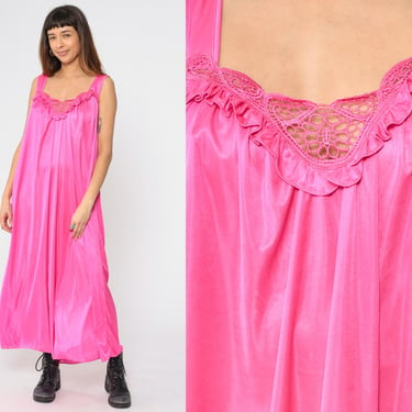 Y2K Lingerie Nightgown Fuchsia Pink Lace Slip Dress Maxi Vintage 00s Tent Pajama Dress Nightie Silky Nylon Plus Size 2xl xxl 