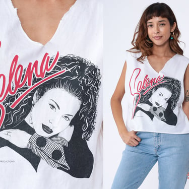 Vintage 90s Selena Shirt 90s Band Tank Top Cutoff Deep V Neck Tejano Concert 1997 Memorial Tee White Cut Off Crop Top Small Medium 