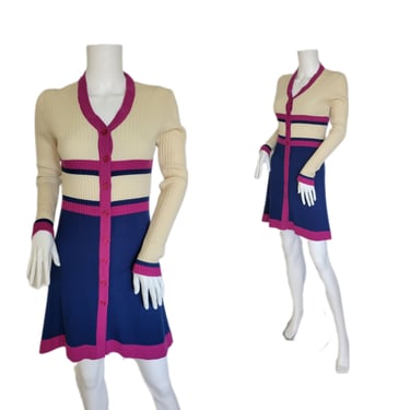 1970's Tan Purple Color Block Knit Dress I Sz med I Mine S.F. 