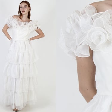 Elegant Tiered Sheer Chiffon Wedding Gown / Vintage 70s Layered Ruffle Avant Garde / Unique Pleated Maxi Bridal Dress 