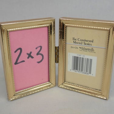 Small Vintage Hinged Double Picture Frame - Gold Tone Metal w/ Glass - Holds Two Wallet Size 2 1/4" x 3 1/4" Photos - 2x3 Frames 