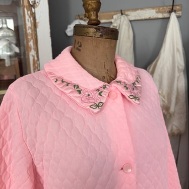 Vintage 60s Mod Bright Pink Pastel Floral Quilted Dress/Housecoat Pastel Jacket Bold Buttons; 70s Bright Pink Floral Longline Duster or Robe 
