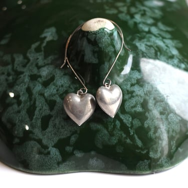 Vintage Sterling Silver Open Wire Dimensional Heart Dangle Earrings - Long Wire Drop Earrings 