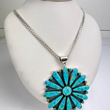 Artisan Large Turquoise Sterling Silver Starburst Flower Pendant Necklace Chain 