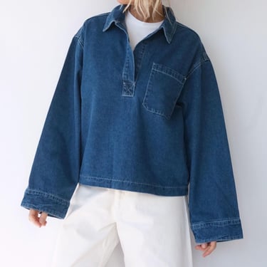 Vintage Medium Denim Lightweight Popover Tunic Shirt | Cotton Henley Pullover | Artist Studio Top 