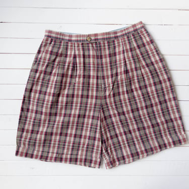 high waisted shorts | 80s 90s vintage olive green red blue beige plaid cotton pleated shorts 
