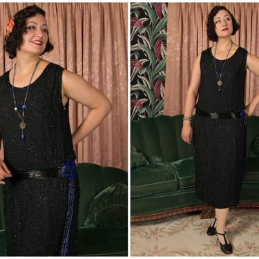 1920s Dress - Authentic Antique 20s Heavily Beaded Black Silk Flapper Cocktail Dress with Blue Beaded Medallion Sash and Beaded Fringe 