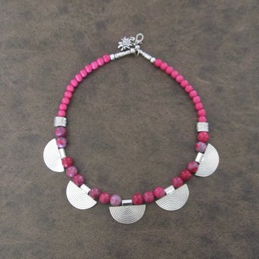 Ethnic statement necklace, pink and silver necklace 