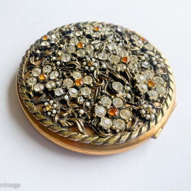 1950s Rhinestone Flowered Compact | 50s Gold & Rhinestone Vintage Compact | Made in England 