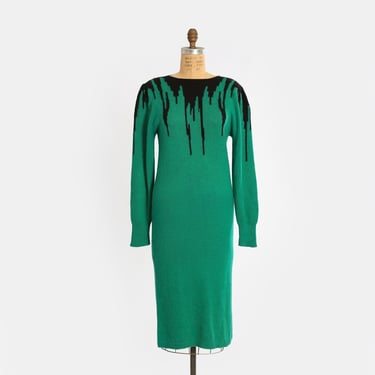 Vintage 80s green deco anger blend knit sweater dress 