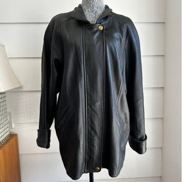 90s Black Leather Coat Size L Relaxed Fit Soft Leather Valerie Stevens 