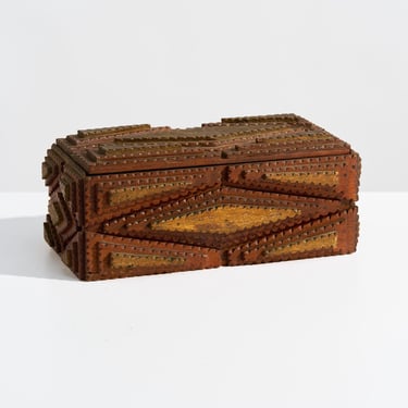 Antique Tramp Art Jewelry Box with Mirror // Intricate Carved Wood Folk Art Box 