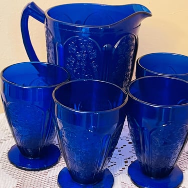 Vintage 5 PC Jeanette Glass Cherry Blossom Pitcher  and matching (4) goblets Cobalt Blue Glass-  Nice Condition 