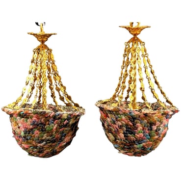 Lanterns, Hanging, (2) Crystal and Bronze Dore &amp; Colored Glass, Lovely, Vintage!