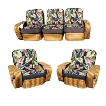 Restored 6-Strand Square Pretzel Stacked Rattan Lounge Chair, Sofa Livingroom Set 