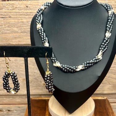 Freshwater Pearl Hematite Beaded Jewelry Set Necklace Earrings Vintage Retro 