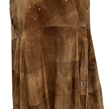 Roberto Cavalli Y2K Brown Suede Patchwork Skirt with Hand Painting.