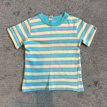 Kids Vintage 1960s Cotton Striped T-shirt, Blue and Yellow, S 