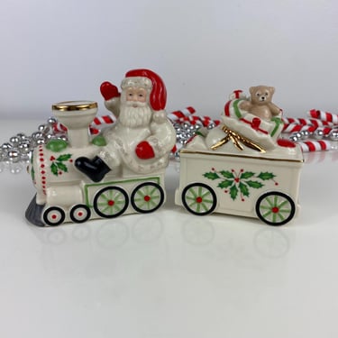 Lenox Santa & Train Salt and Pepper Shaker Set, Santa riding train, Toys in the Caboose, Lenox Teddy Bear and Presents, Lenox China Shakers 