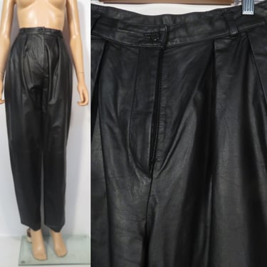Vintage 80s Black Leather Pleat Front High Waist Trouser Cut Pants With Pockets And Belt Loops Size 27x30 
