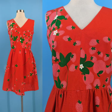 Vintage 60s Malia Honolulu Small Red Sleeveless Strawberry Print Dress 