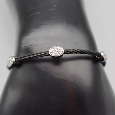 90's black enamel sterling cable pave crystal goth bracelet, edgy 925 silver rhinestone rigid twist chain 