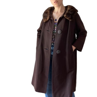 Vintage 1950s Womens Brown Wool Fur Collar Swing Long Trench Coat Jacket Sz M 