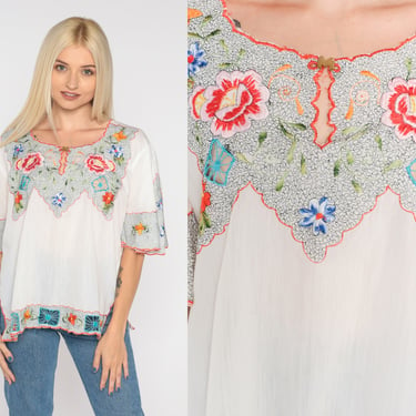 80s Mexican Blouse White Floral Embroidered Top Cutout Shirt Hippie Short Sleeve Bohemian Festival Summer Tent Shirt Vintage 1980s Medium M 