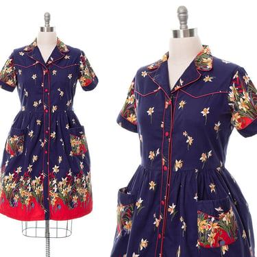 Vintage 1970s Shirt Dress| 1950s Style Daffodil Floral Border Print Cotton Navy Blue Shirtwaist Button Up Day Dress with Pockets (x-large) 